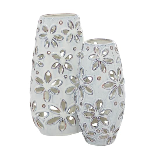 Set of 2 White Ceramic Farmhouse Vase 14", 11"